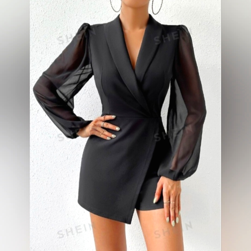 Shawl Collar Bishop Sleeve Wrap Hem Black Jumpsuit